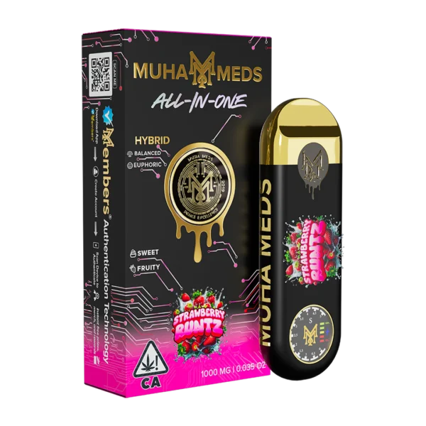 Muha Meds Strawberry Runts Distillate cartridge with branded Muha Meds packaging