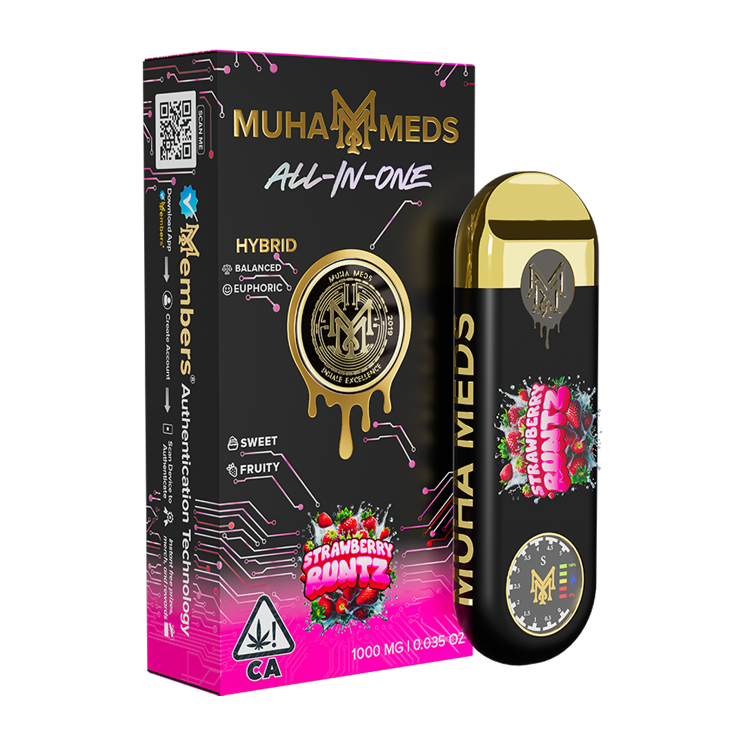 Muha Meds Strawberry Runts Distillate cartridge with branded Muha Meds packaging