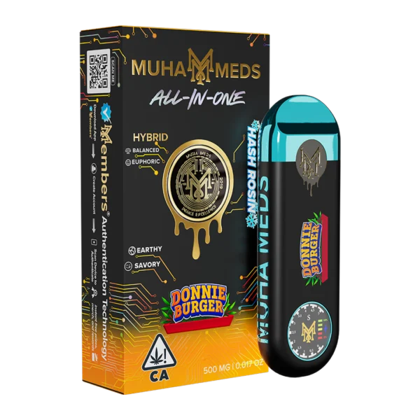 Muha Meds Donnie Burger Hash Rosin jar showing premium solventless concentrate
