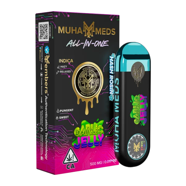 Muha Meds Garlic Jelly Hash Rosin with creamy golden solventless concentrate