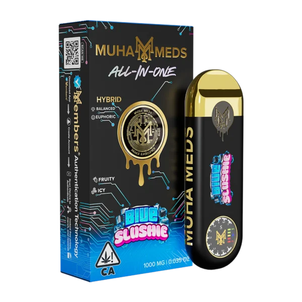 Muha Meds Blue Slushie Distillate cartridge with branded Muha Meds packaging