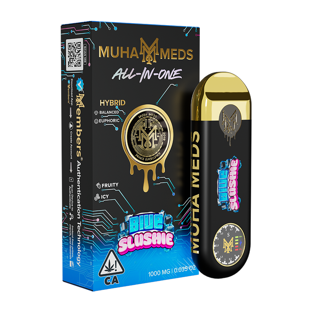 Muha Meds Blue Slushie Distillate cartridge with branded Muha Meds packaging