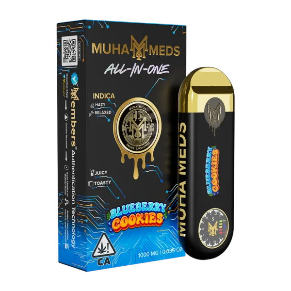 Muha Meds Blueberry Cookies Distillate cartridge with branded Muha Meds packaging