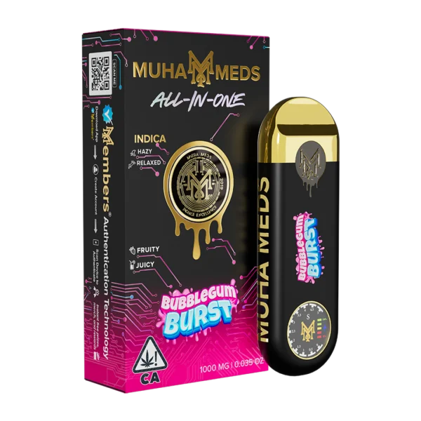 Muha Meds Bubblegum Burst Distillate cartridge with branded Muha Meds packaging