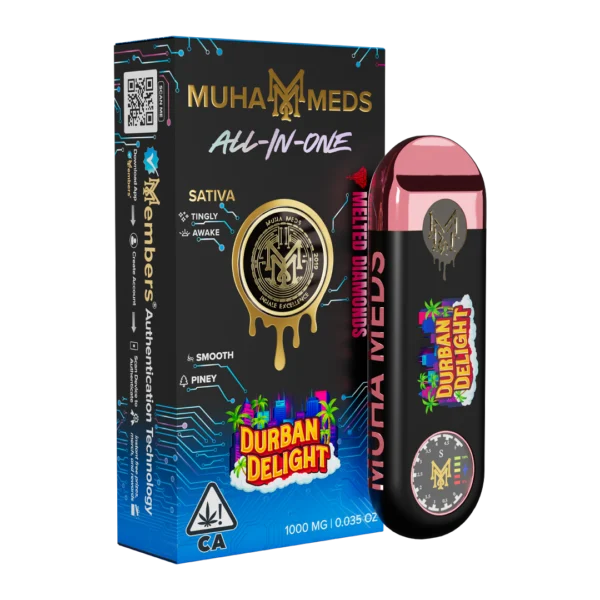 Muha Meds Durban Delight vape close-up showing premium oil and authentic packaging
