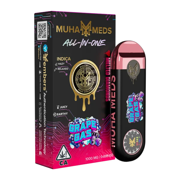 Muha Meds Grape Gas vape cartridge with deep purple branding and premium oil
