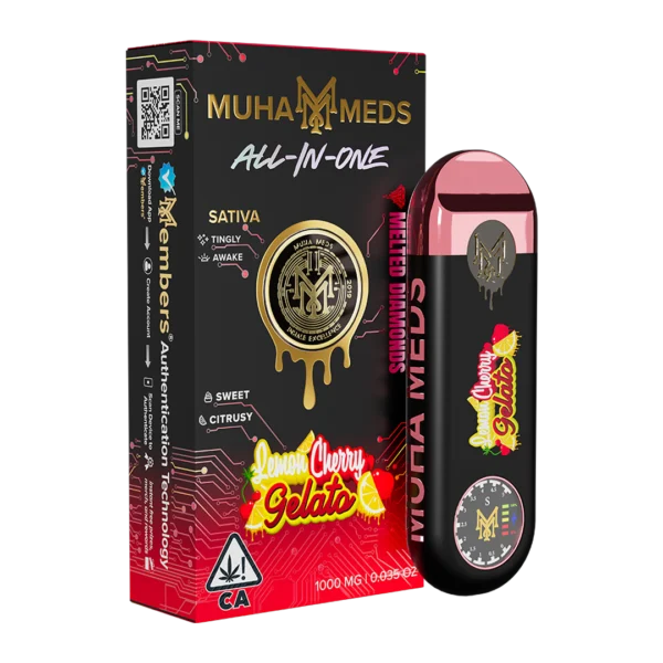 Muha Meds Lemon Cherry Gelato vape close-up showing premium oil and packaging