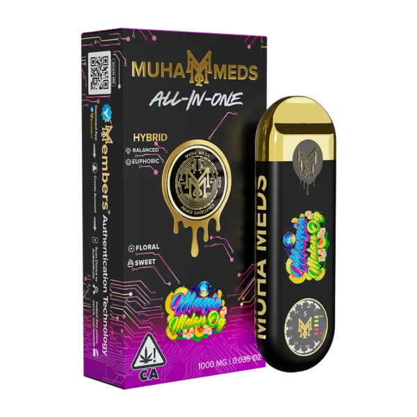 Muha Meds Magic Melon OG Distillate cartridge with branded Muha Meds packaging