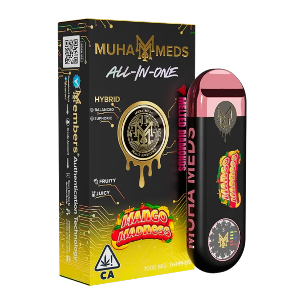 Muha Meds Mango Madness vape close-up showing golden oil and branded packaging