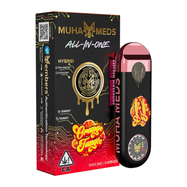 Muha Meds Orange Tangie vape cartridge with bright orange citrus branding
