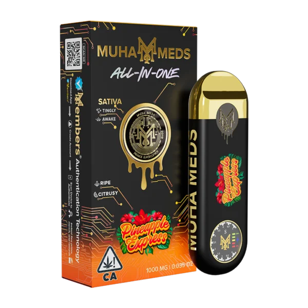 Muha Meds Pineapple Express Distillate cartridge with branded Muha Meds packaging