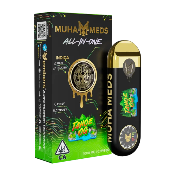 Muha Meds Tahoe OG Distillate cartridge with official Muha Meds packaging